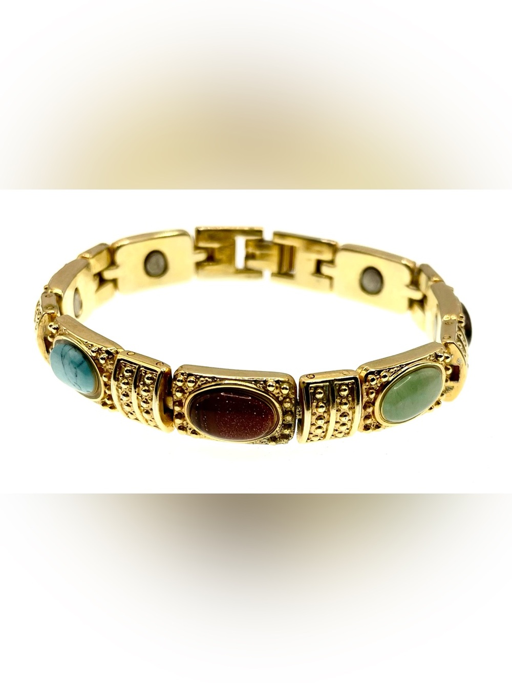 Y2K Gold Tone Magnetic Therapy Bracelet Faux Gemstone Cabochons Boho Statement